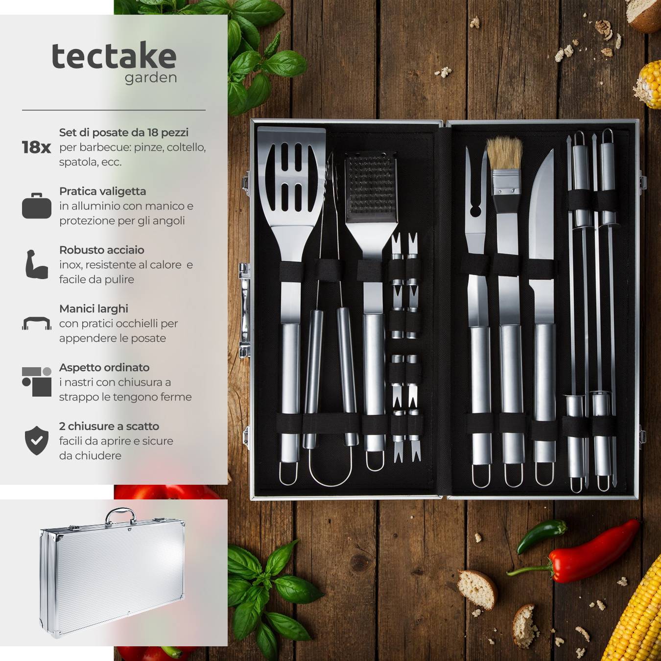 Set Da Barbecue 18 Pezzi In Acciaio Inox Con Valigetta In Alluminio - Echos Gentlemen's Club - Pinza, Forchetta, Paletta, Spiedini E Spazzola
