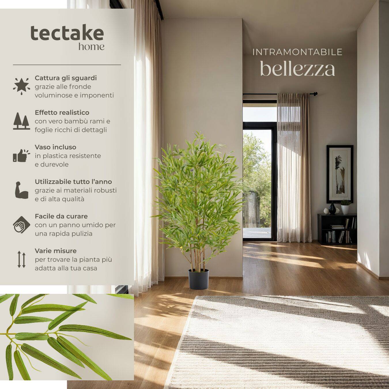 Ramo Di Bambù Artificiale Alto 110 Cm | 2 Steli In Seta E Plastica | Pianta Finta Verde Per Decorazione Casa E Ufficio | Senza Manutenzione - 3