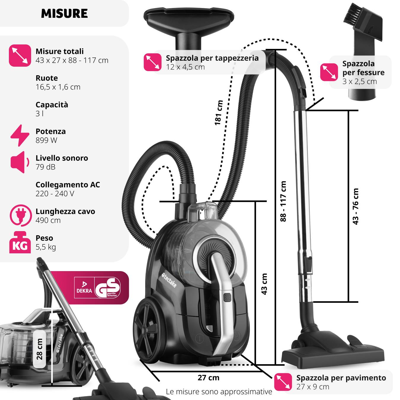 Aspirapolvere Multiciclone Deuba 900 W – Senza Sacco, Filtro HEPA Lavabile, Capacità 1,5 L, Tubo Telescopico
