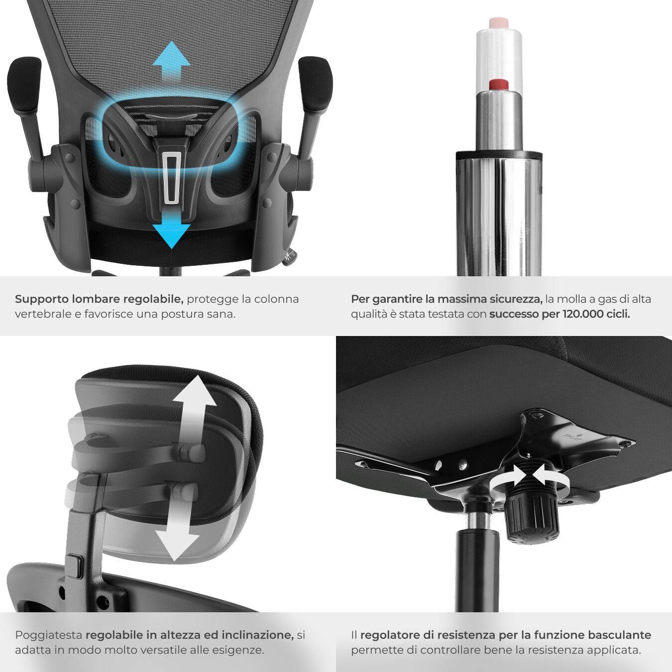 Sedia Ufficio Ergonomica In Rete – Schienale Alto, Poggiatesta Regolabile, Supporto Lombare, Braccioli Ribaltabili, 136 Kg