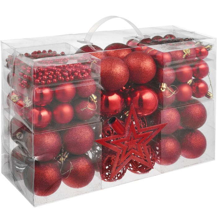 Set da 84 palline natalizie, rosse con stella e catena, infrangibili