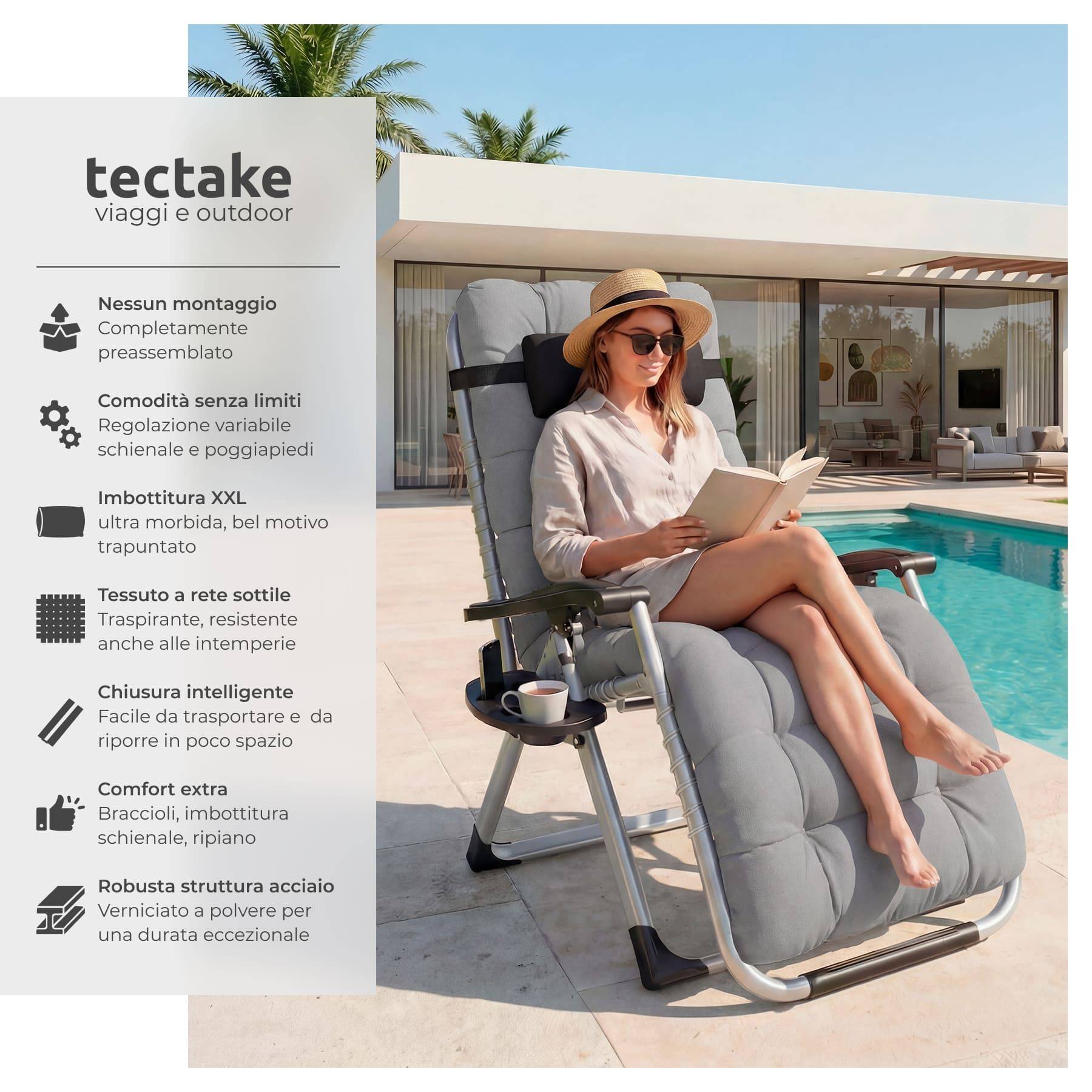 VERDELOOK Sdraio Pieghevole In Metallo Color Tortora 101x63x86 Cm - Serie Infinity, Comoda E Pratica
