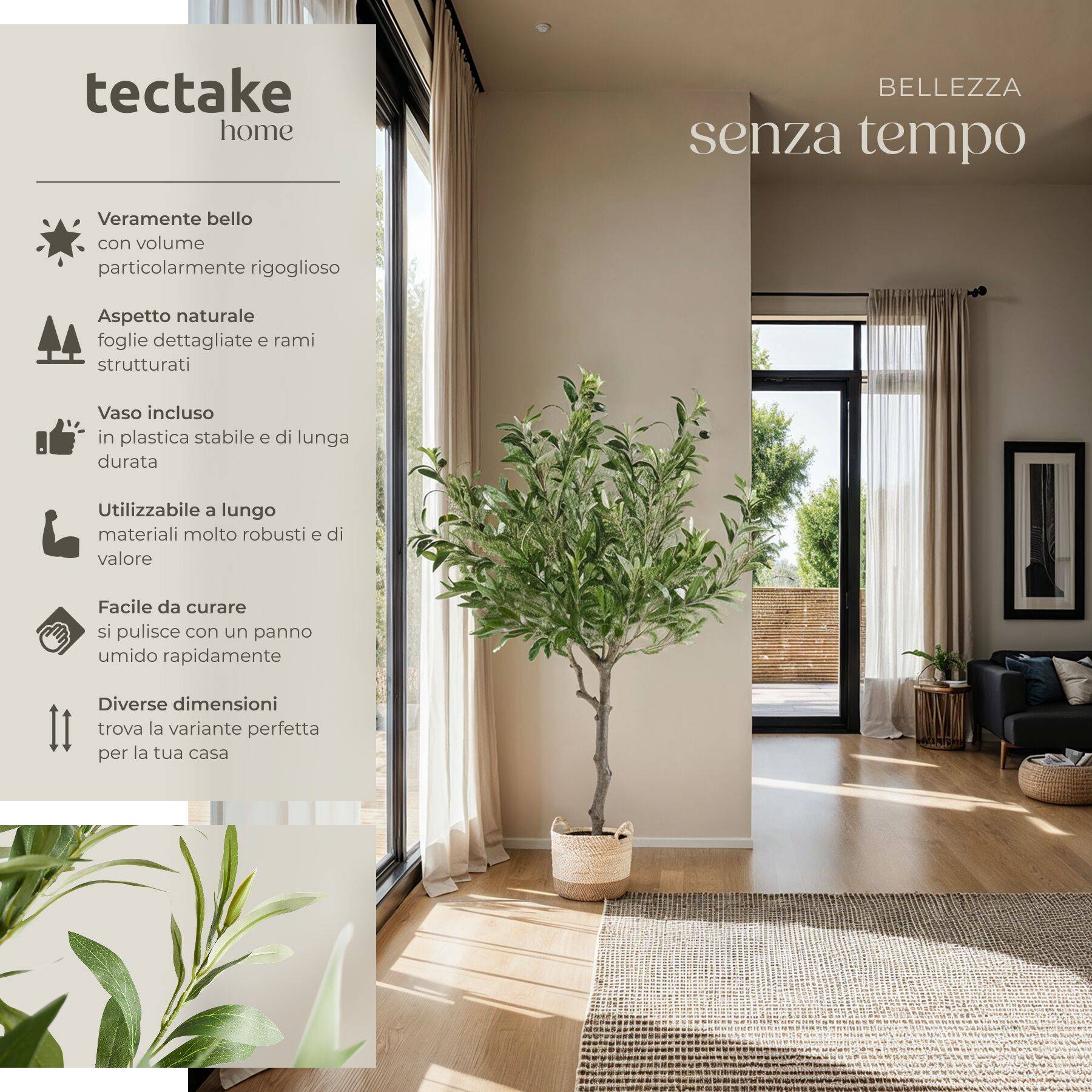 Albero Di Ulivo Artificiale 180 Cm Con Tronco In Legno Naturale - Finto Ulivo Per Interni/Esterni - Sempre Verde Senza Manutenzione