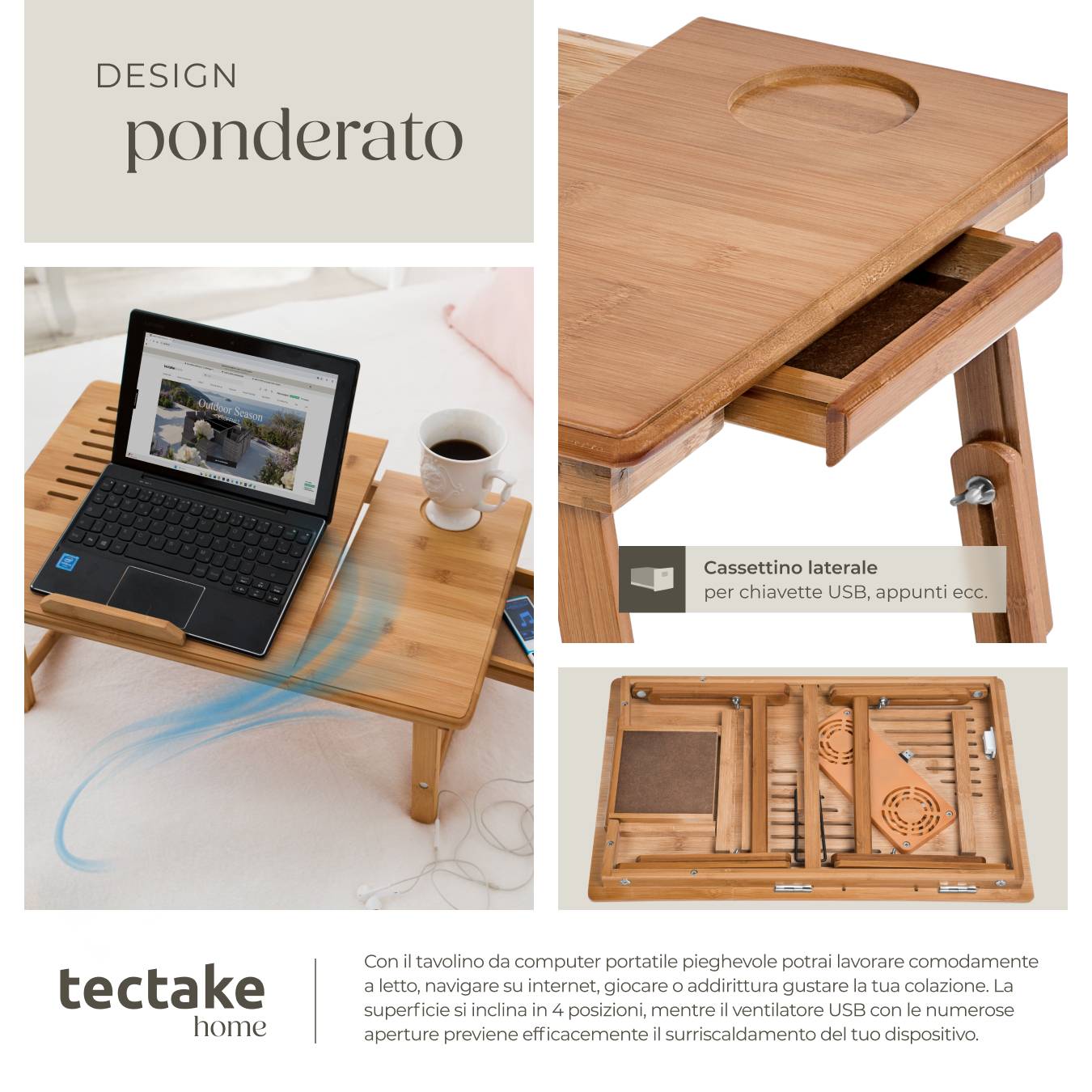 Tavolino Per Laptop Pieghevole - Regolabile, Con Ventilazione USB, Per Letto E Divano