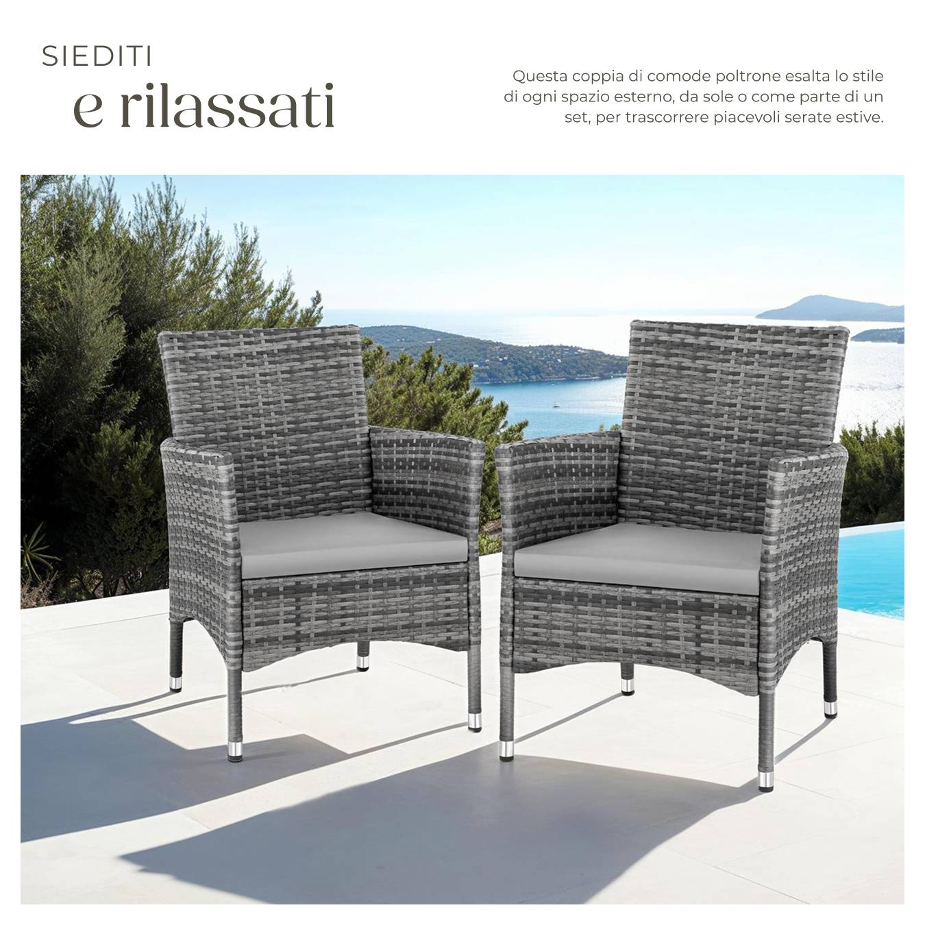 Confezione 2 Sedie Da Pranzo/Esterno Elda In Rattan Sintetico Nero - 56x59x79 Cm, Con Gambe In Metallo, Impilabili - 2