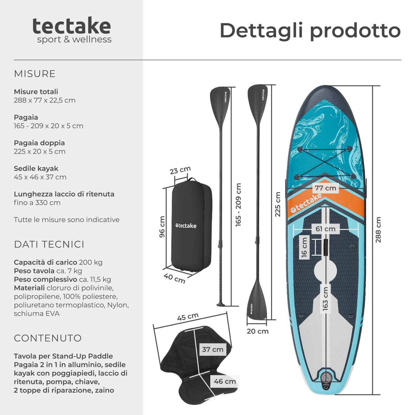 Paddle Board Gonfiabile Extra Large – Portata 180 Kg – Set Completo Con Pagaia, Pompa, Zaino E Pinne