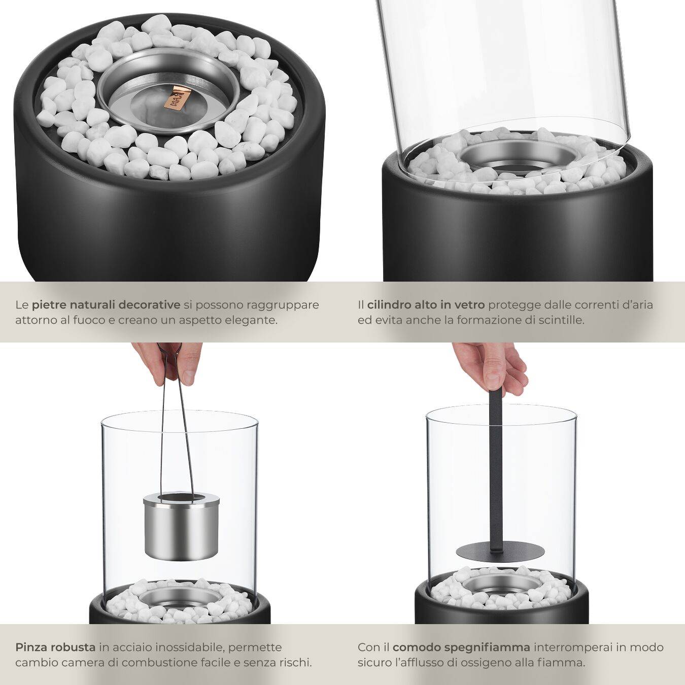 Caminetto Da Tavolo In Acciaio Inox E Vetro - Braciere Decorativo Con Pietre Per Interni, Matrimoni E Feste