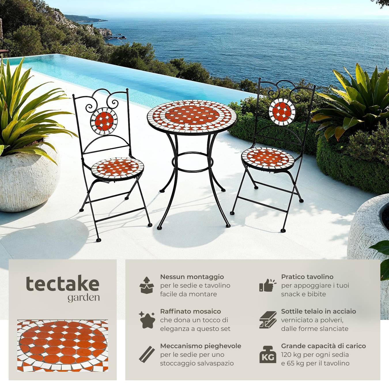 Set Di 2 Sedie Da Giardino Con Telaio In Alluminio, 2 Posti, Design A Corda Tectake 92874830