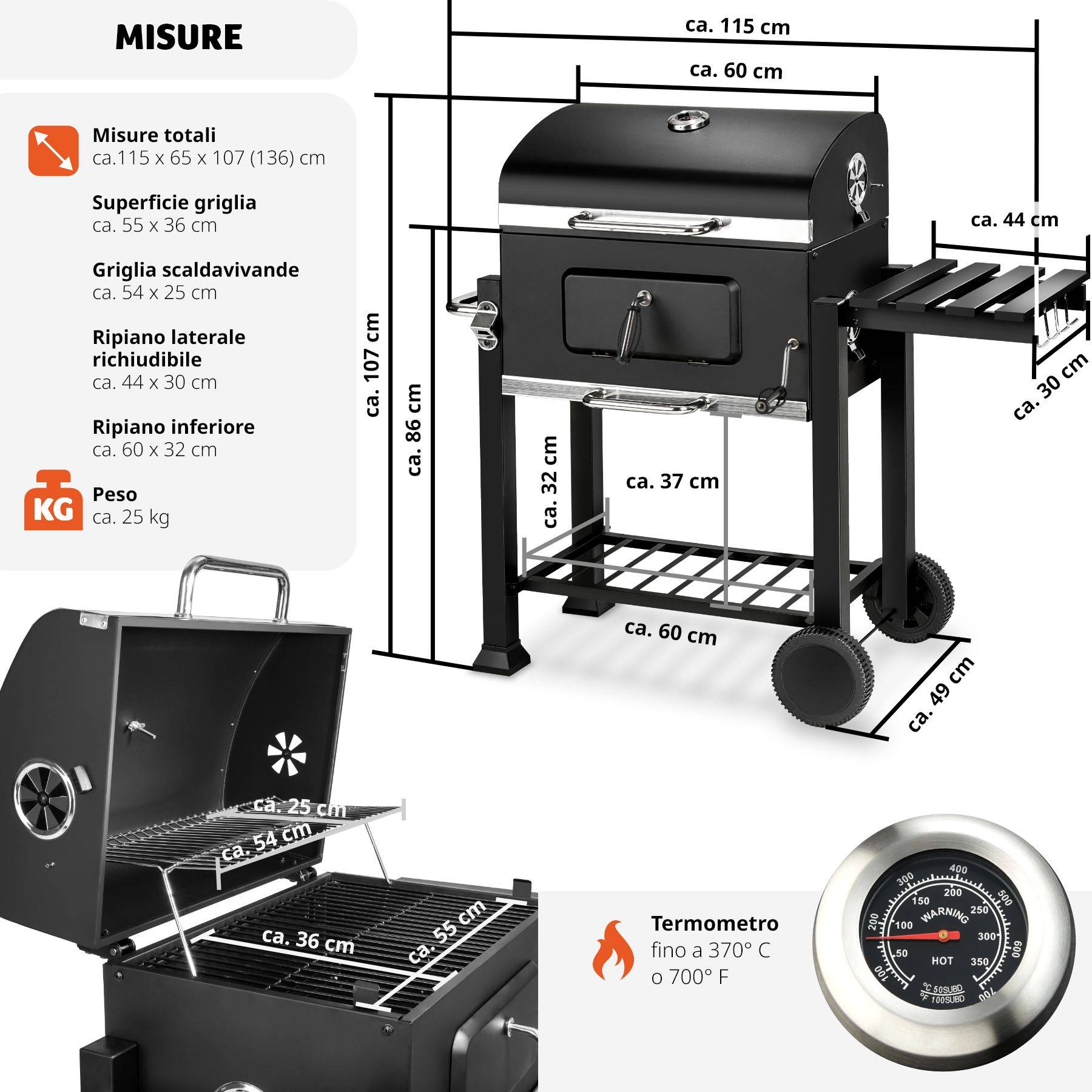 SWANEW Griglia A Carbonella BBQ-Grill Sistema Di Ventilazione Camino Termometro Integrato Focolare Regolabile In Altezza Antracite 139x67x1075cm 85743940