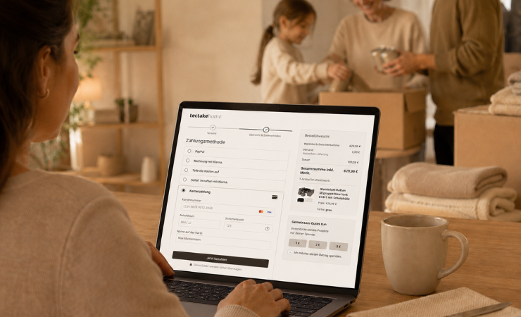 Opzione di donazione Adyen Giving nella procedura di pagamento di tectake Una cliente effettua una donazione alla cassa di tectake tramite Adyen Giving