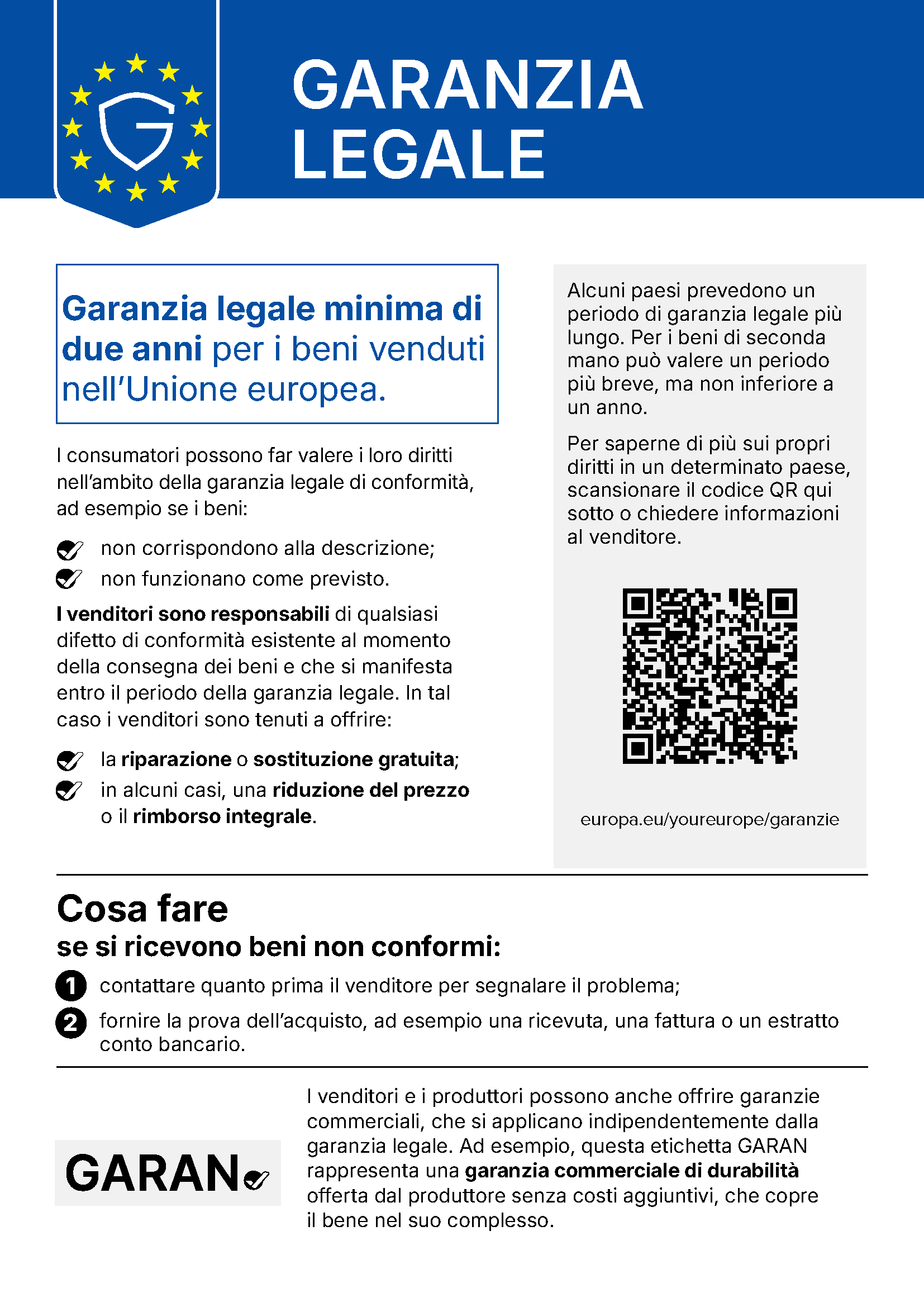 Informativa UE sulla garanzia legale con i diritti dei consumatori e codice QR