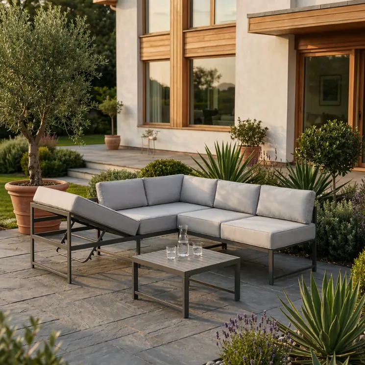 Angolo salotto moderno grigio con tavolino su una terrazza in pietra davanti a un condominio.