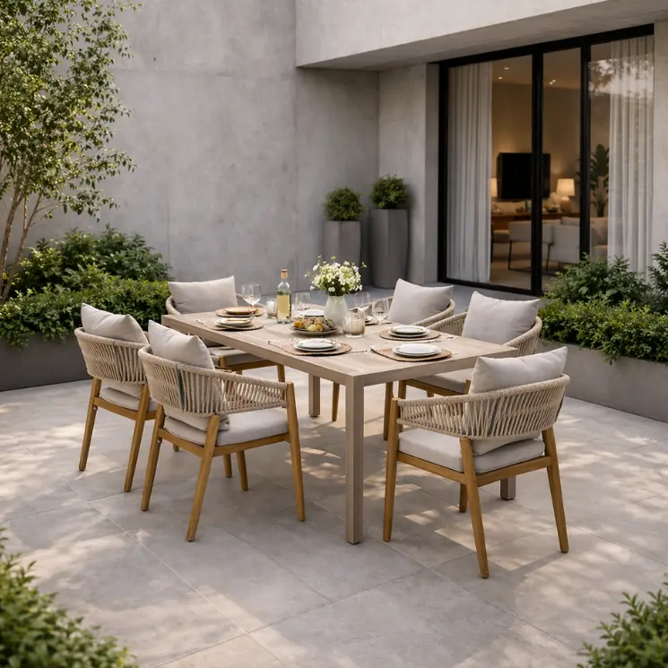 Tavolo in legno con sei sedie in corda intrecciata su una terrazza luminosa e moderna.