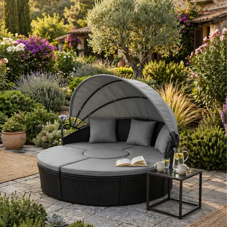 Una sedia a sdraio rotonda e scura con il tettuccio grigio in un giardino fiorito.