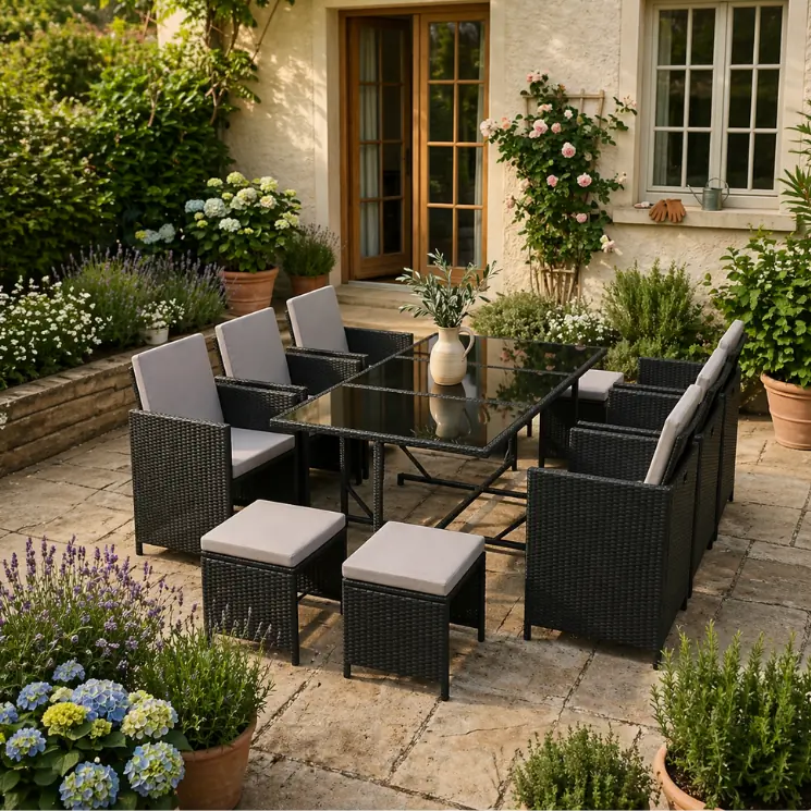 Set da pranzo in polyrattan nero con piano in vetro e sgabelli in un giardino idilliaco.