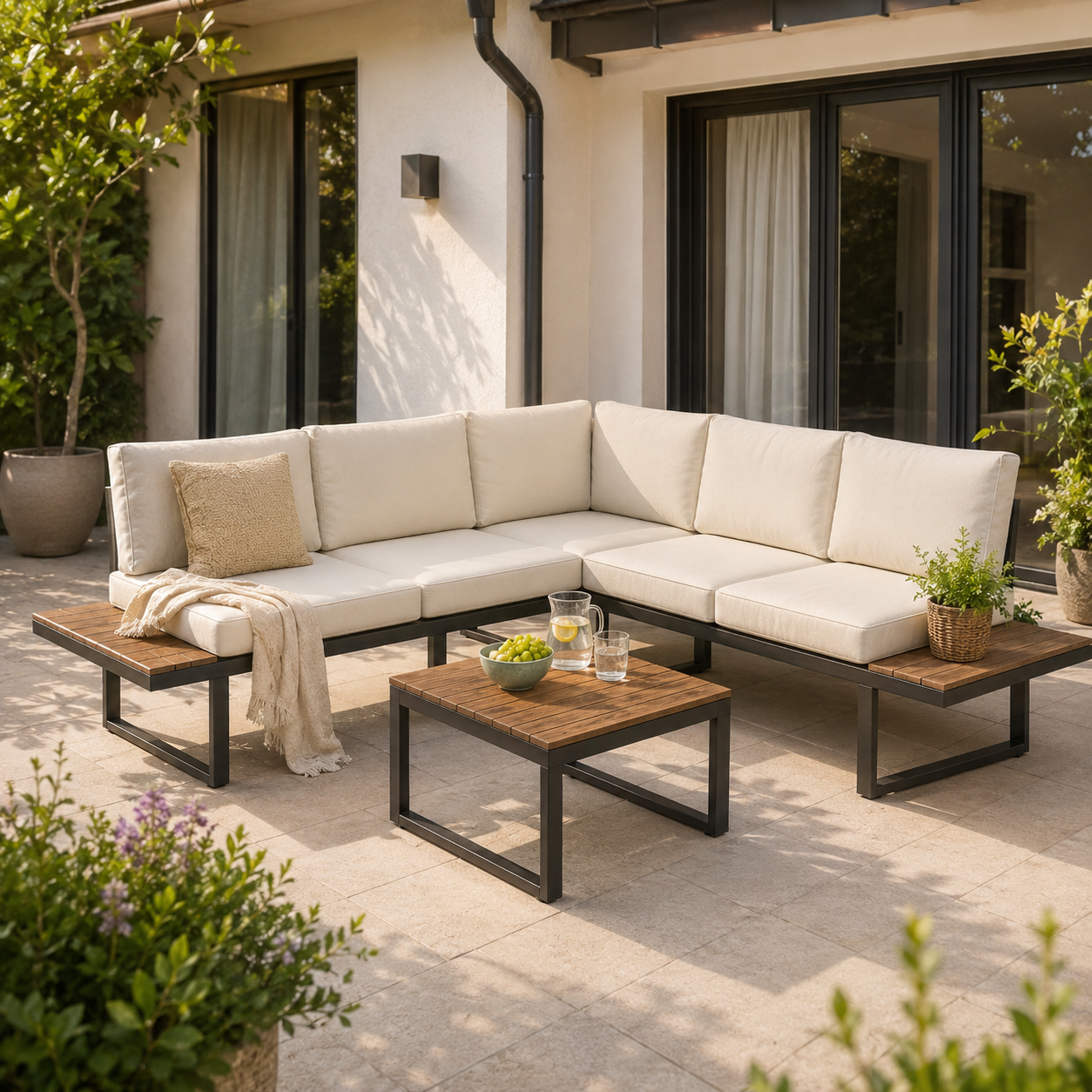 Lounge da giardino chiara con tavolino su una terrazza soleggiata