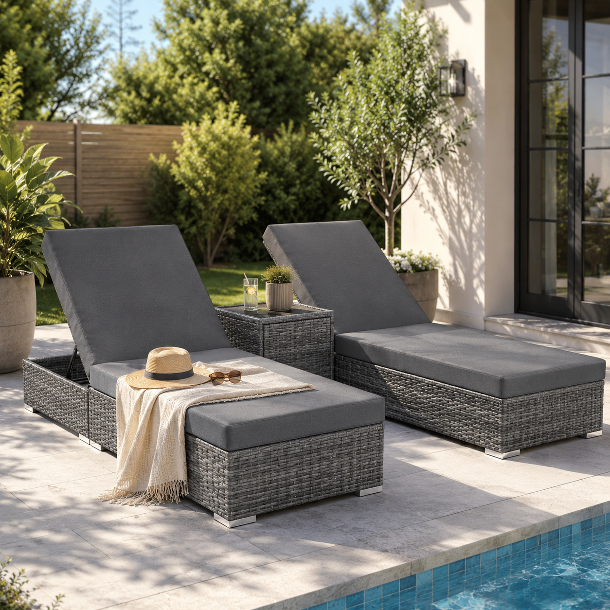 Due lettini prendisole grigi con tavolino a bordo piscina su una terrazza moderna