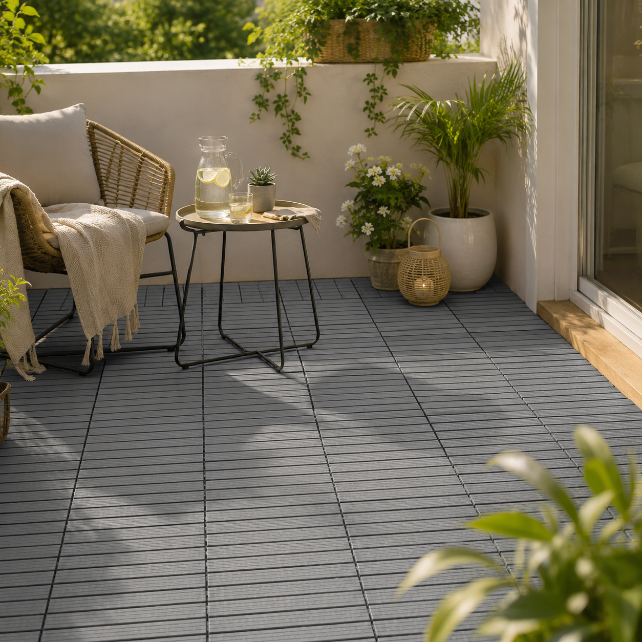 Balcone con piastrelle grigie, piante e piccolo tavolo da giardino