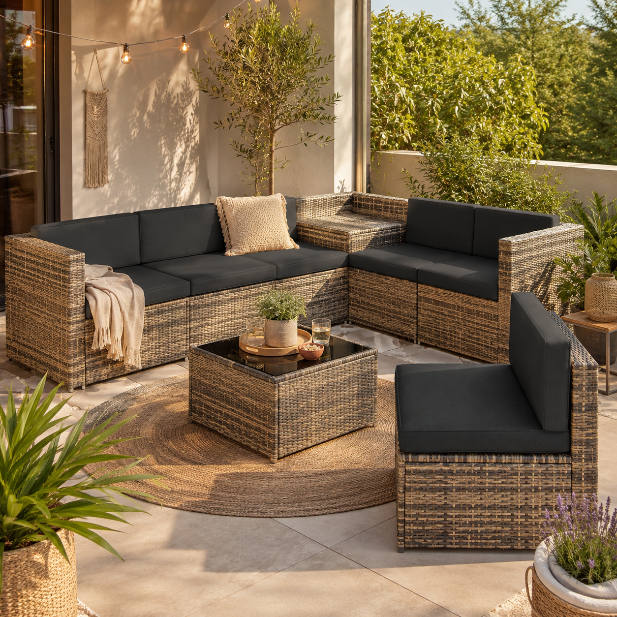 Lounge in rattan con tavolo e cuscini grigi su una terrazza