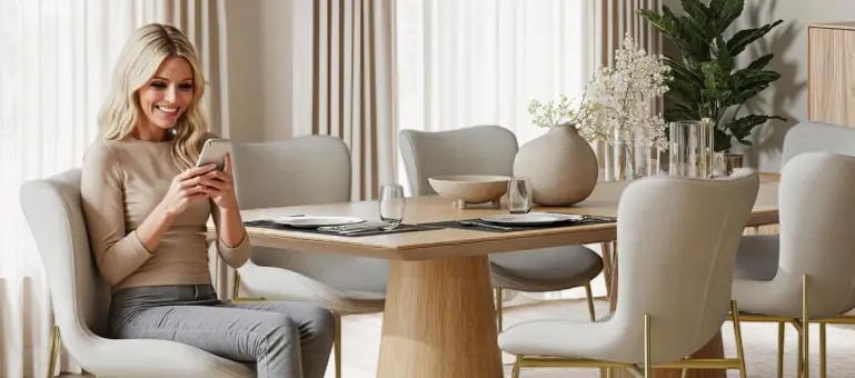 Elegante sala da pranzo con tavolo in legno e sedie imbottite Donna sorridente seduta a un tavolo da pranzo moderno con sedie imbottite beige