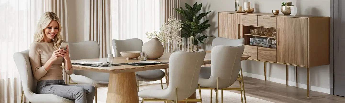 Elegante sala da pranzo con tavolo in legno e sedie imbottite Donna sorridente seduta a un tavolo da pranzo moderno con sedie imbottite beige