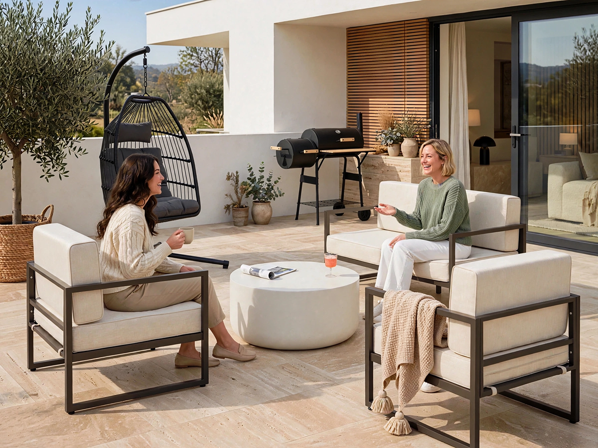 Terrazza moderna con mobili da giardino, amaca e barbecue