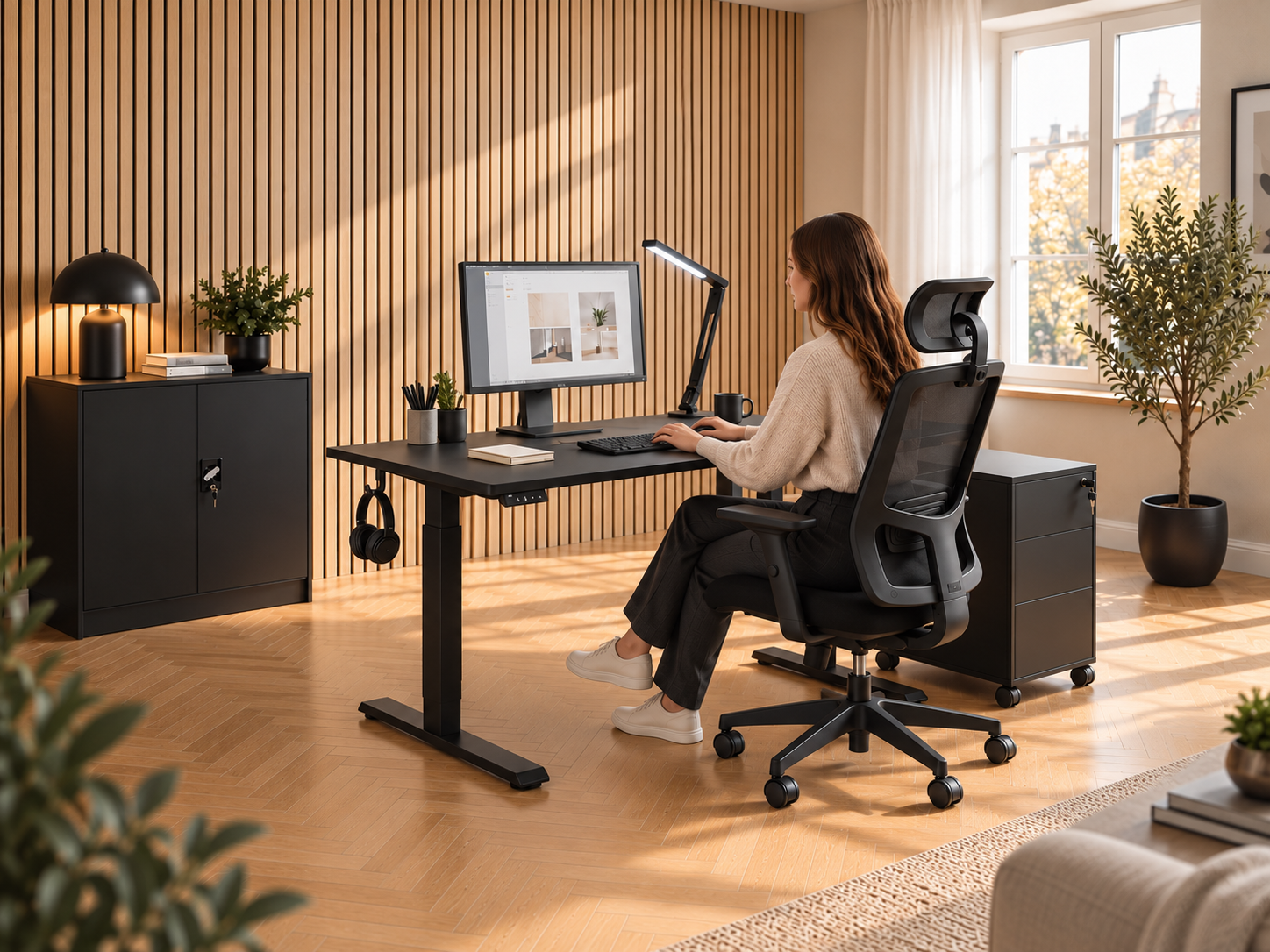 Ufficio domestico moderno con scrivania, sedia da ufficio e mobile contenitore nero.